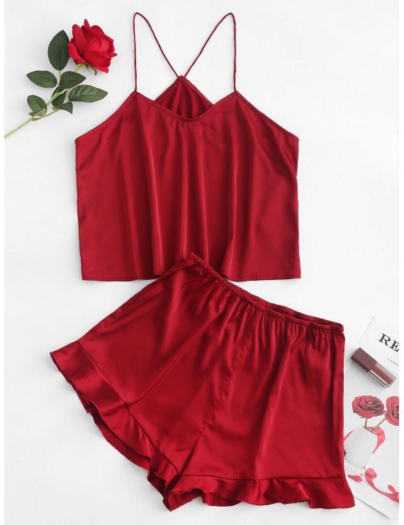  Cami Top And Ruffle Hem Mini Shorts Satin Co Ord Set - Red Wine S