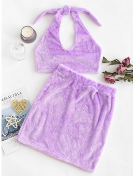 Two Piece Fluffy Faux Shearling Top And Skirt Set - Mauve S
