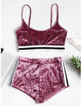 Side Stripe Velvet Top Shorts Matching Set - Tulip Pink S