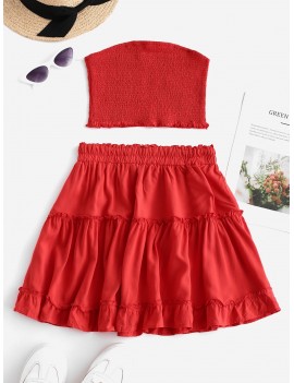  Smocked Bandeau Top And Skirt Set - Red S