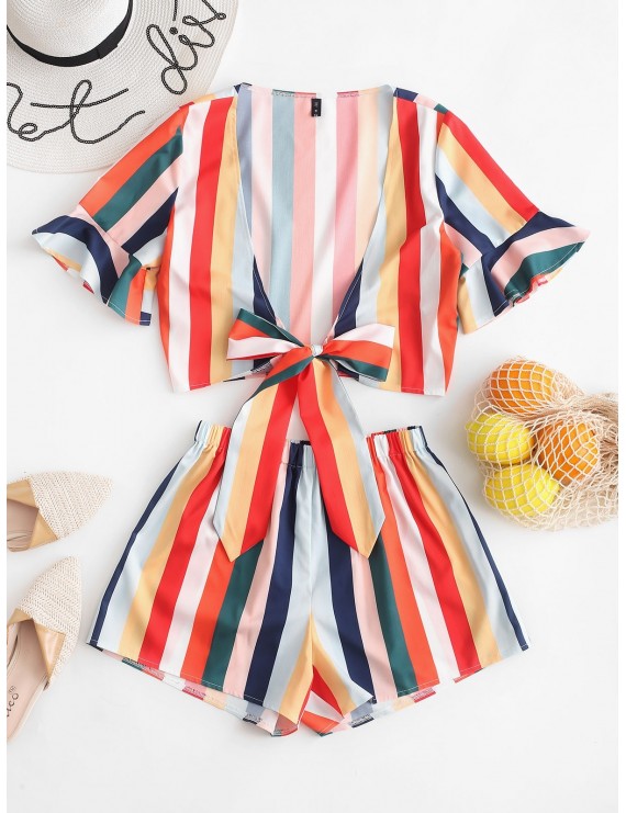 Rainbow Striped Tie Front Two Pieces Suit - Multi S