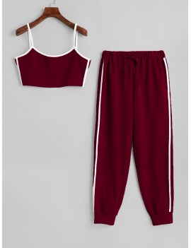 Side Striped Cropped Top And High Waist Pants - Red Wine M