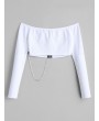 Chain Ribbed Off Shoulder Zip Up Top - White M