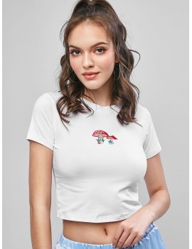 Cropped Mushroom Floral Embroidered Tee - White S