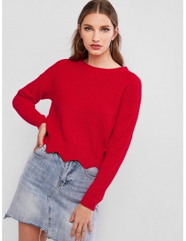 Zigzag Hem Solid Loose Sweater - Red