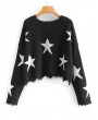 Star Graphic Frayed Wave Hem Sweater - Black