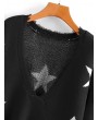 Star Graphic Frayed Wave Hem Sweater - Black