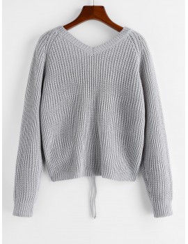  V Neck Shirred Ribbed High Low Sweater - Gray Goose M