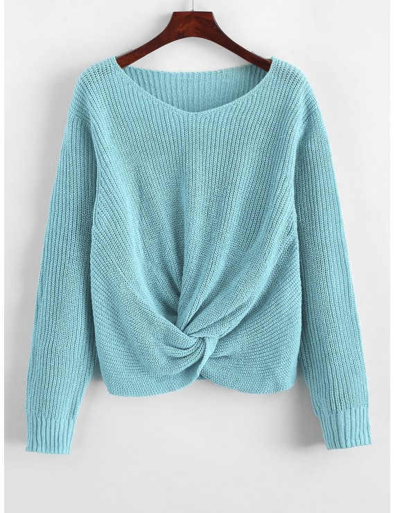 Pullover Twist Hem V Neck Sweater - Day Sky Blue M