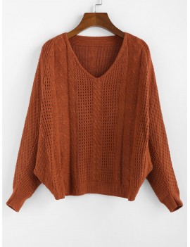  X Yasmine Bateman Dolman Sleeves V Neck Solid Open Knit Sweater - Red Dirt M
