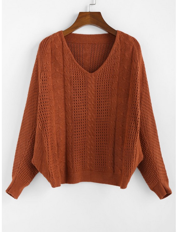  X Yasmine Bateman Dolman Sleeves V Neck Solid Open Knit Sweater - Red Dirt M