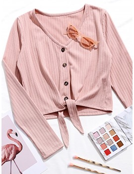  Button Up V Neck Tie Front Ribbed Cardigan - Pink S