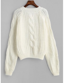 Solid Crew Neck Raglan Sleeve Cable Knit Sweater - White
