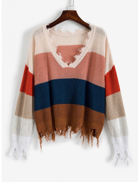  Colorblock Ripped V Neck Sweater - Multi-a M