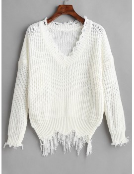 Ripped Drop Shoulder V Neck Sweater - White