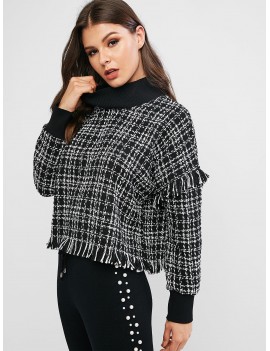 Drop Shoulder Frayed Tweed Sweatshirt - Black S