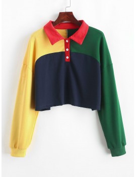  Colorblock Half Button Crop Sweatshirt - Multi M