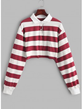 Contrast Striped Crop Half Button Sweatshirt - Multi-d S