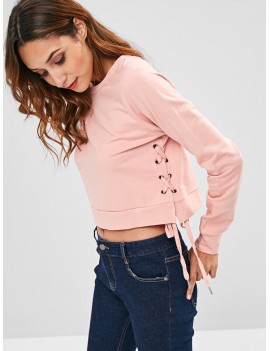 Round Neck Side Lace Up Sweatshirt - Pink M