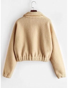 Half Zip Plain Faux Fur Sweatshirt - Tan M