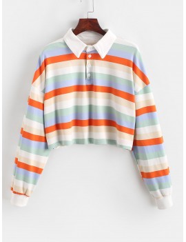 Contrast Striped Rainbow Half Button Crop Sweatshirt - Multi-b M