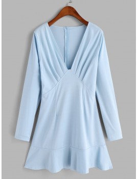Plunging Neck Long Sleeve Mini Ruffled Hem Dress - Baby Blue Xl