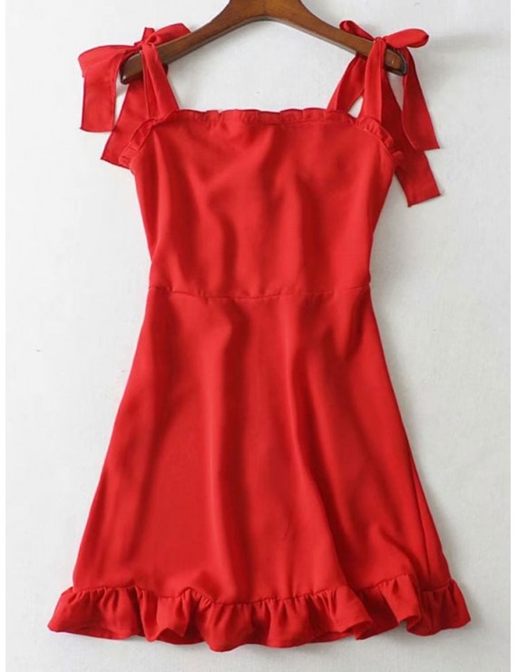 Tie Strap Ruffled Mini Dress - Red S