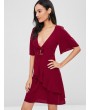 Bowknot Plunging Ruffle Dress - Chestnut Red S