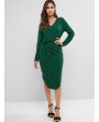 Knitted Belted V Neck Curved Hem Dress - Deep Green S
