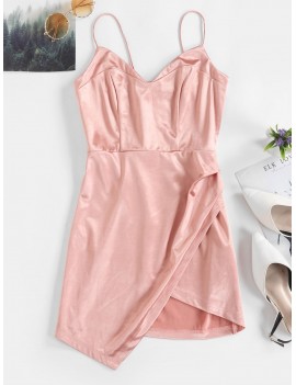  Overlap Asymmetric Mini Satin Cami Dress - Rose S