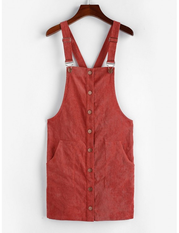  Corduroy Pocket Button Front Overall Dress - Chestnut Red S