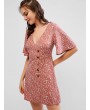  Plunge Ditsy Floral A Line Buttoned Dress - Rosy Brown S