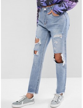 Ripped Cut Out Frayed Hem Jeans - Denim Blue S