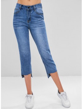 Frayed High Low Ninth Jeans - Denim Blue S