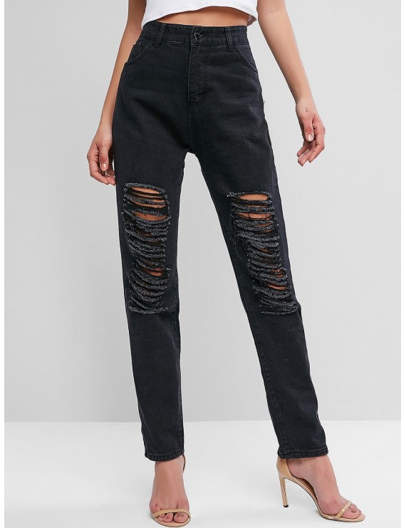 Destroyed High Waisted Straight Jeans - Black L