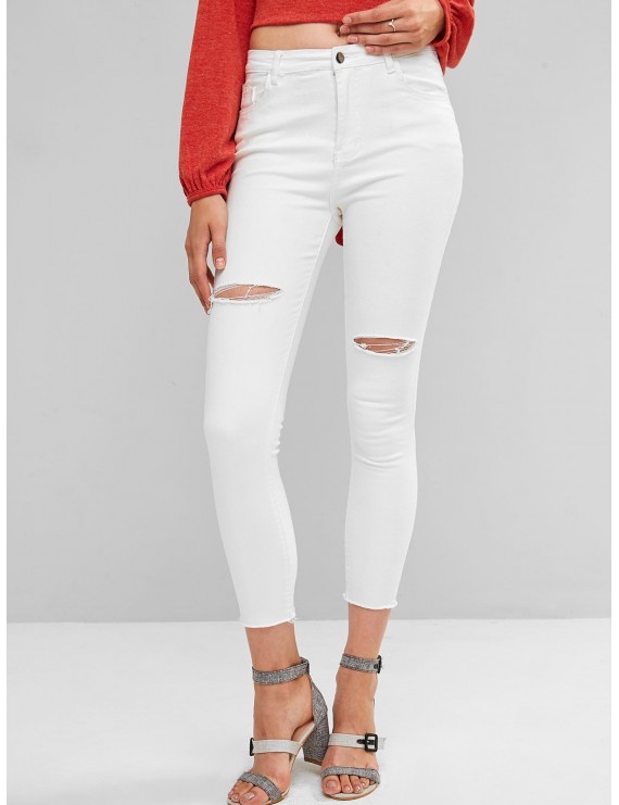 Ripped Frayed Hem Skinny Jeans - White L