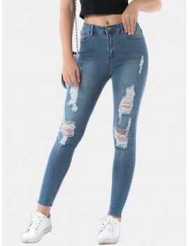 Frayed Hem Distressed Skinny Jeans - Jeans Blue S