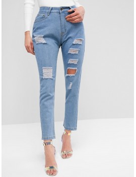 High Waist Ripped Jeans With Pockets - Jeans Blue S