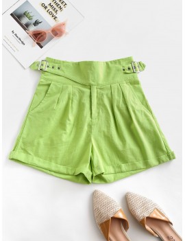 Pockets Buckle Cuffed Hem High Waisted Shorts - Green Peas L