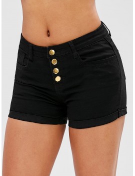 Button Fly Plain Cuffed Shorts - Black M