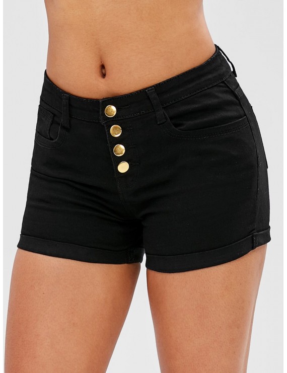 Button Fly Plain Cuffed Shorts - Black M