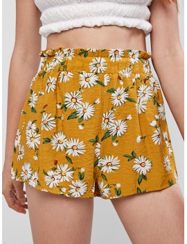 Floral Print Casual Paperbag Shorts - Goldenrod S