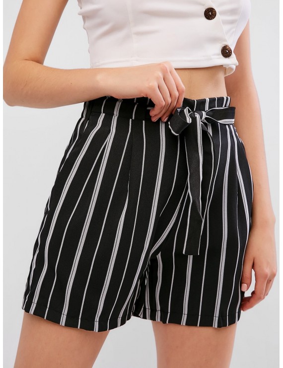 Drawstring Stripes Paperbag Shorts - Black S