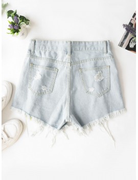 Ripped Frayed Hem Denim Shorts With Pockets - Jeans Blue L