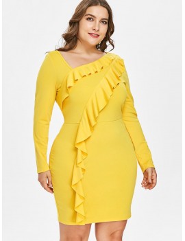 Plus Size Ruffled Mini Fitted Dress - Bright Yellow 2x
