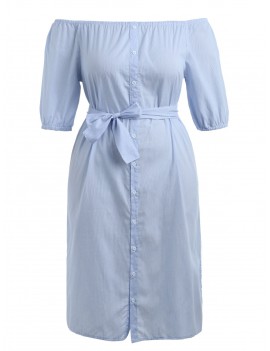Plus Size Striped Belted Dress - Light Blue 2xl