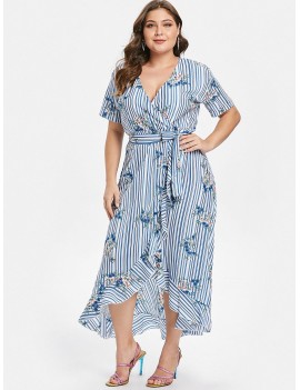 Plus Size Striped Ruffled Long Dress - Light Sky Blue 3x