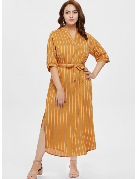 Plus Size Slit Striped Belt Dress - Orange Gold 2x