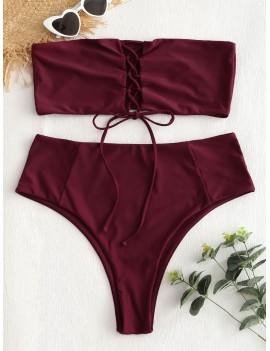 Plus Size Bralette Lace Up Swimwear Set - Red Wine L