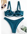  O-ring Underwire Pleated Tie Swimwear Swimsuit - Greenish Blue M